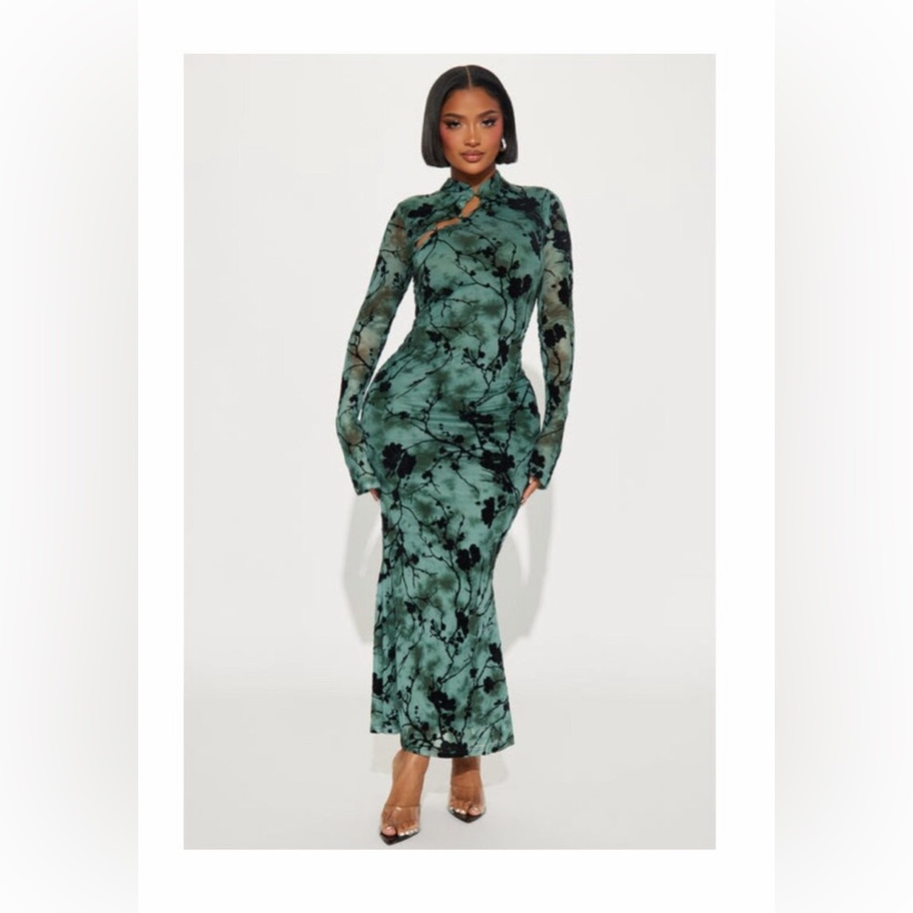 Fashion Nova Mackenzie Mesh sage floral Marble Long Sleeve green Dress Asian M